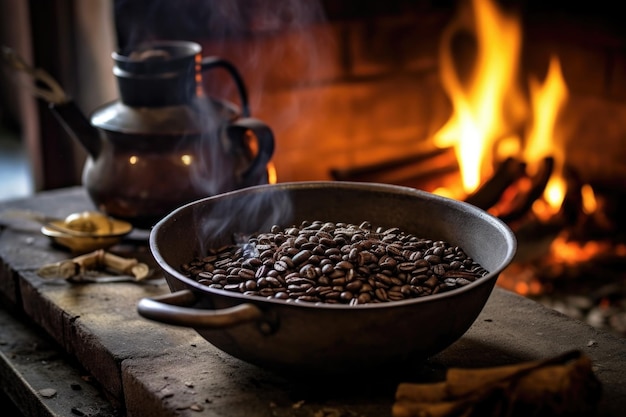 Foto tostatura dei chicchi di caffè in una tradizionale padella di metallo su fuoco aperto creata con intelligenza artificiale generativa