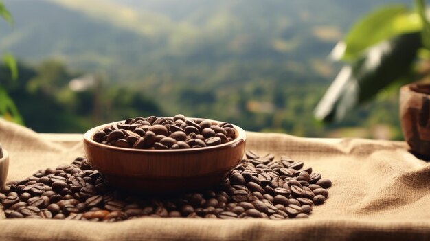 coffee beans in a sack on the table with coffee farm background coffee mug realistic UHD 32k chaos 30 ar 169 Job ID 5326683a73014942b9e53877c87501a3