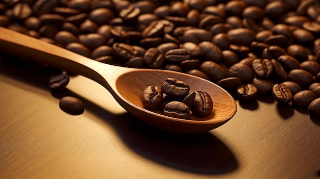 coffee beans scattered with a wooden spoon generative ai