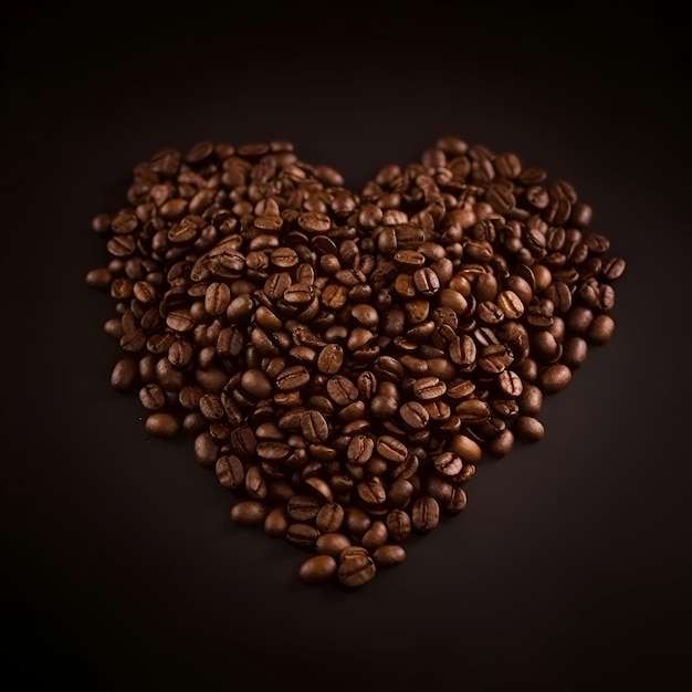 Coffee beans in the shape of a heart on a dark background