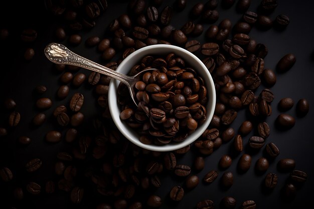 Coffee beans in small bowl with coffee in spoon Ai Generative