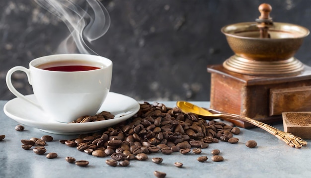 Photo coffee beans and smoke in cup