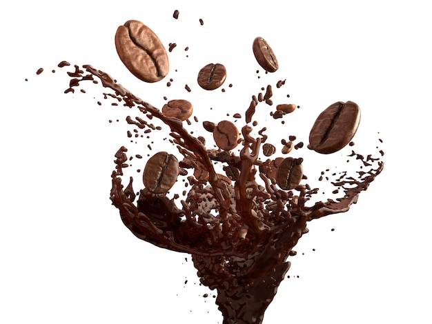 coffee beans and splash of coffee isolated on white