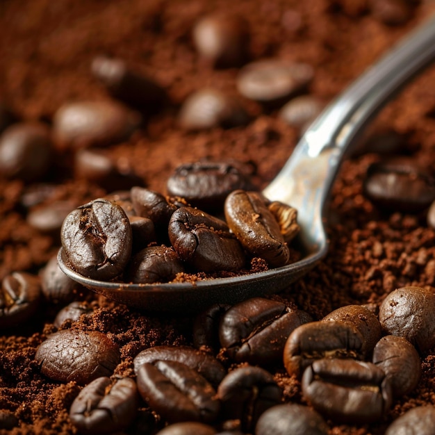 Coffee beans on spoon on ground coffee