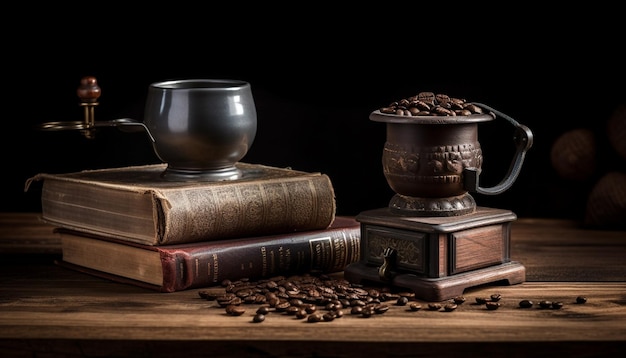 コーヒー豆とコーヒー ポットが上に置かれた本の山