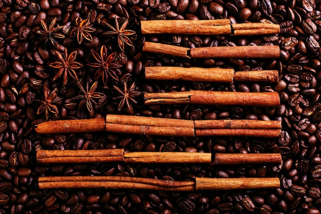 Coffee beans, star anise and cinnamon in the shape of the American flag