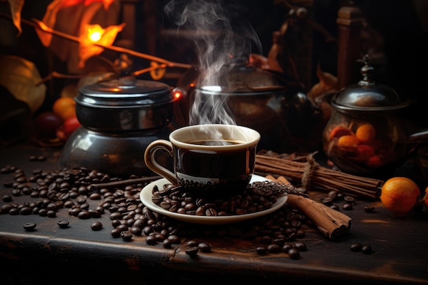 Coffee and beans on table