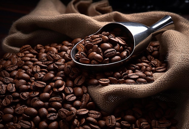 Coffee beans that are inside a sack with a scoop