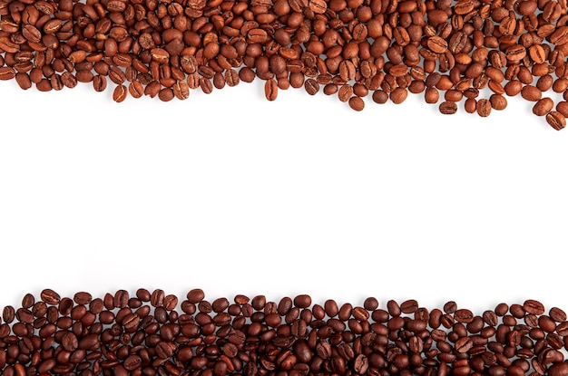 Coffee beans thick stripes along the edge above and below isolated on white background