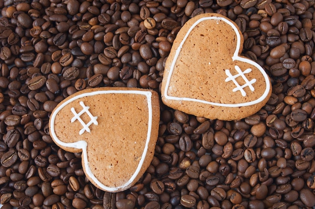 coffee beans and two cookies as heart