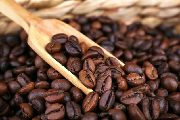 Coffee beans in wattled basket, close up