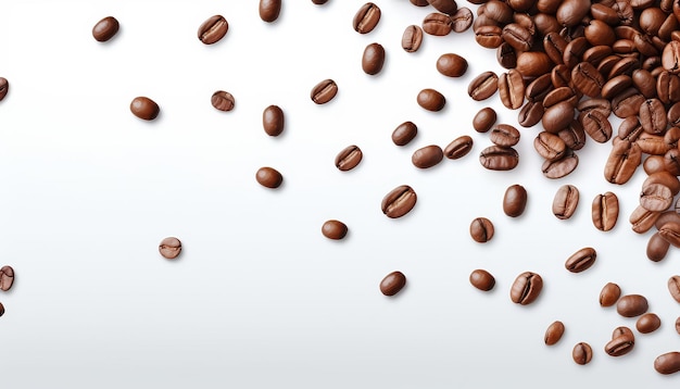 Coffee beans on a white background are scattered along the edge