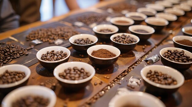 Coffee beans in white and brown ceramic cups on a wooden table