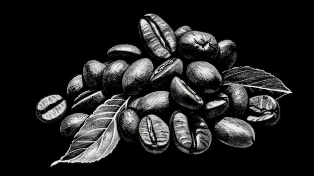 Foto chicchi di caffè con foglie su sfondo nero