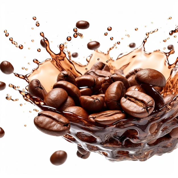 Coffee beans with splash isolated on a white background