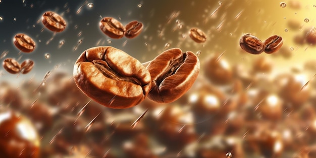 Кофейные зерна на фоне капли воды Generative Ai