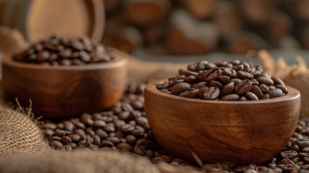 Coffee beans with wooden bowls