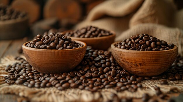 Coffee beans with wooden bowls