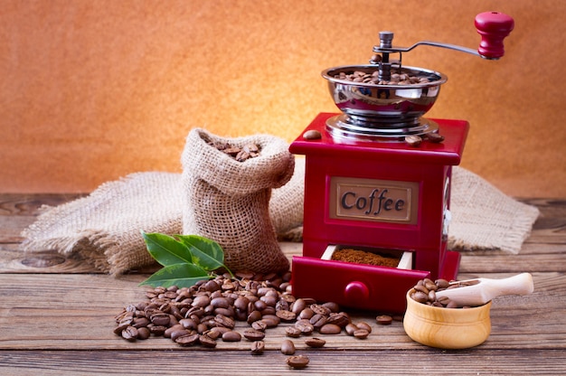 Coffee beans on wood texture