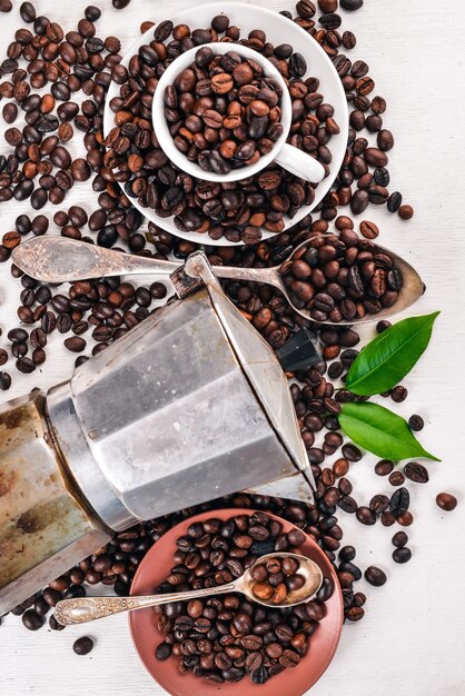 Coffee beans On a wooden background Top view Copy space