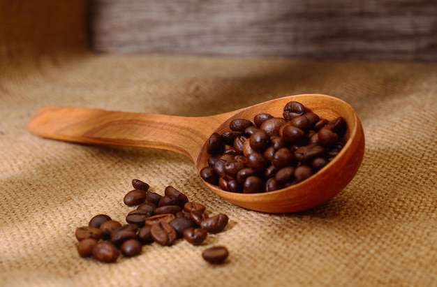 Coffee beans in a wooden scoop