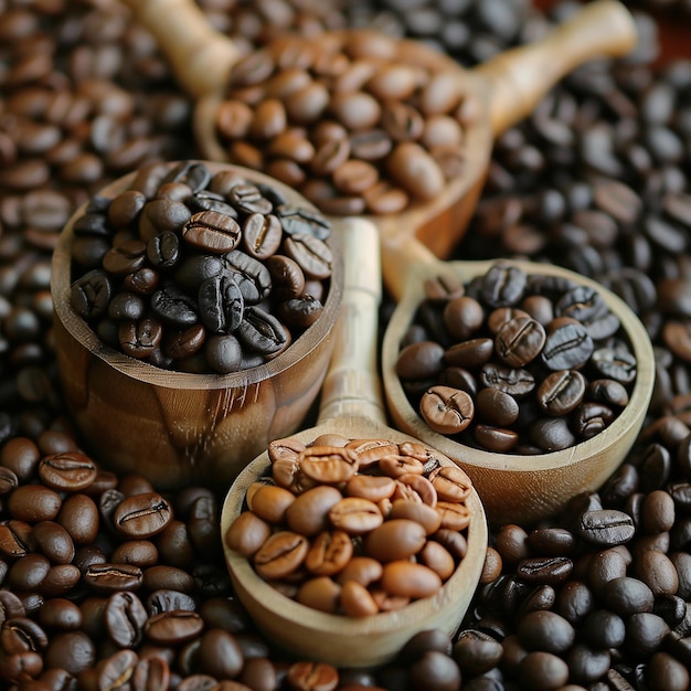 Coffee beans in wooden spoons and ground coffee on dark background