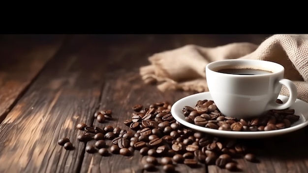 Coffee beans on a wooden table with a cup of coffee on it