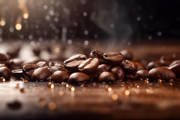 Coffee beans on a wooden table with a drop of rain on the top.