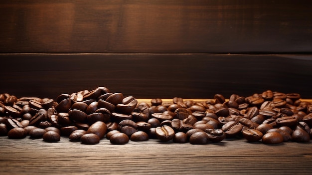 Coffee beans on a wooden table with a wooden table and a wooden floor with a wooden table with a light on it.