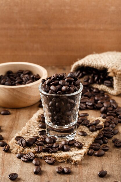 coffee beans on wooden table