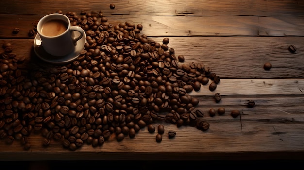 コーヒー豆を木製のテーブルに