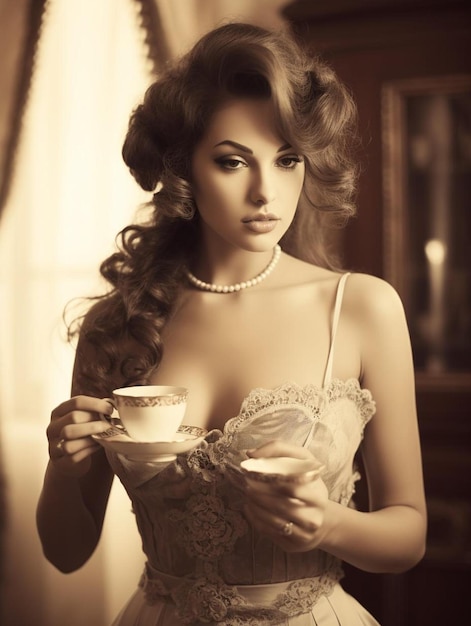 写真 カフェ 美しい女の子がお茶やコーヒーを飲んでいる 熱い飲み物のカップ セピアのトーン