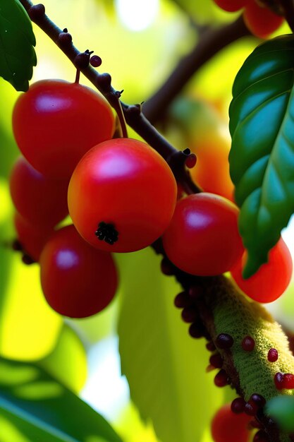 Coffee berries cherries grow in clusters along the branch of the coffee tree in organic plantation