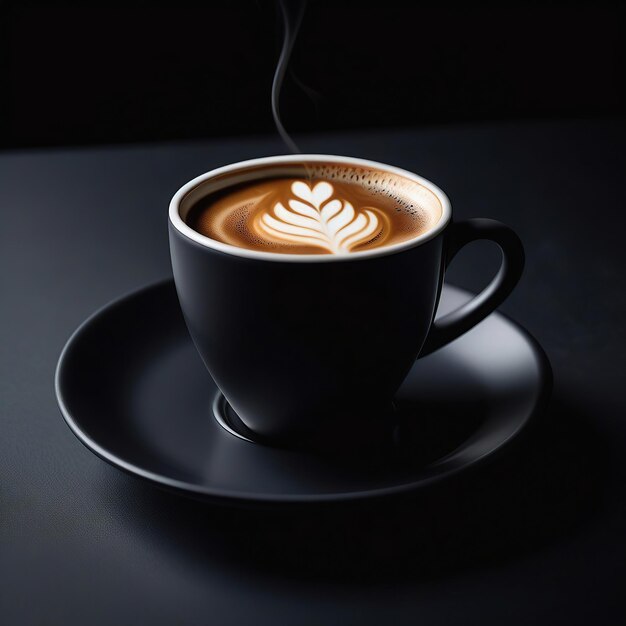 A coffee in a black cup with a dark background