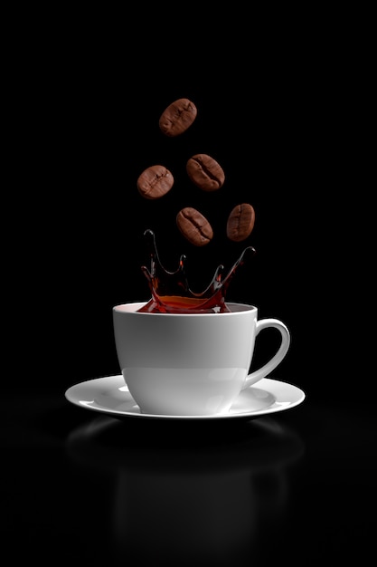 Photo coffee on black wall with coffee beans