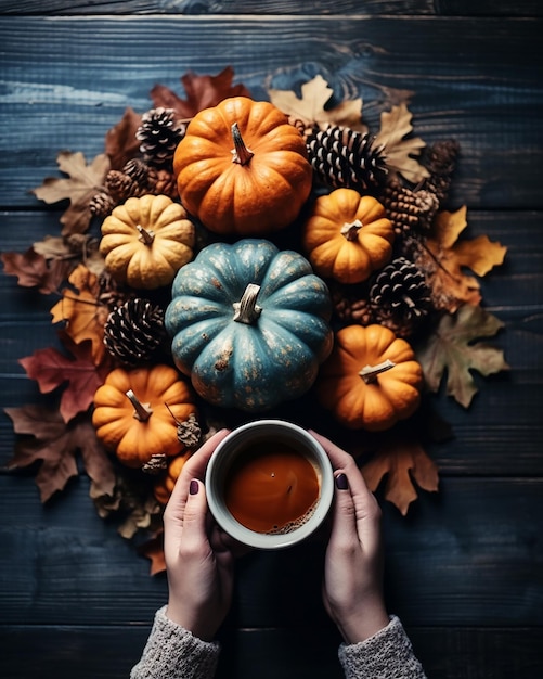 Foto caffè in tazza blu paesaggio autunnale zucche