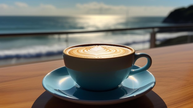 배경에 바다가 보이는 파란색 접시에 커피 생성 AI 이미지