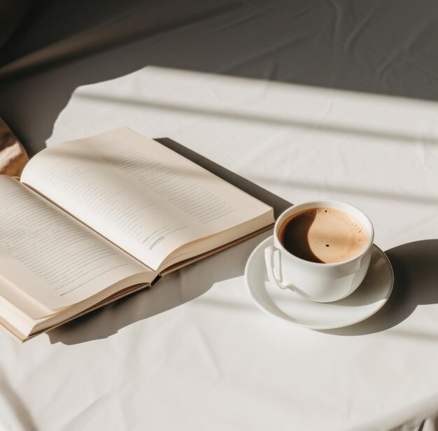 Photo coffee and a book on a white table