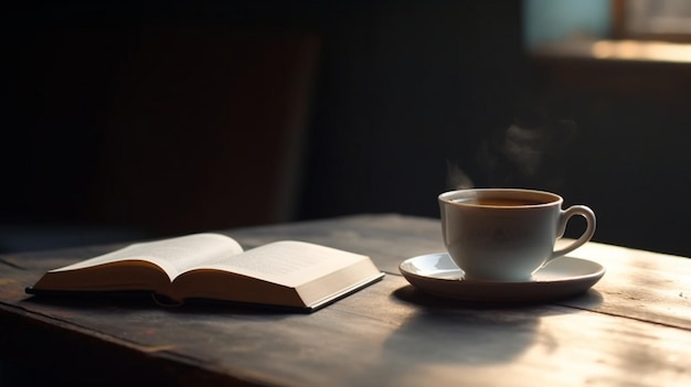 Coffee break bliss A blank ceramic mug and book on a wooden table a relaxing pause