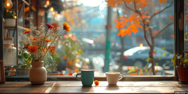 Photo coffee break in cozy cafe and natural background