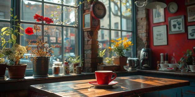 写真 暖かいカフェのコーヒーブレイクと自然の背景