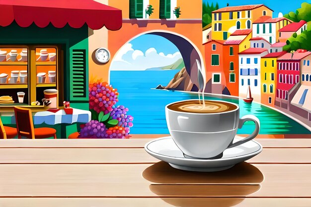 Foto pausa caffè in un tipico villaggio italiano colorato