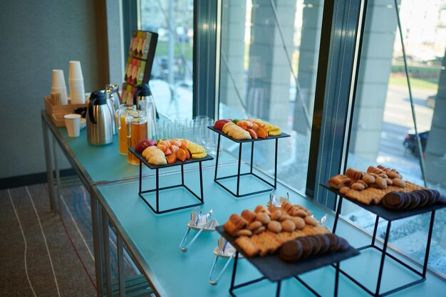 Coffee break with cookies and fruits