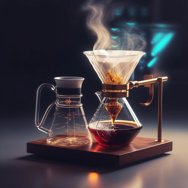 Coffee brewed in pour over coffee maker placed along side coffee glass carafe