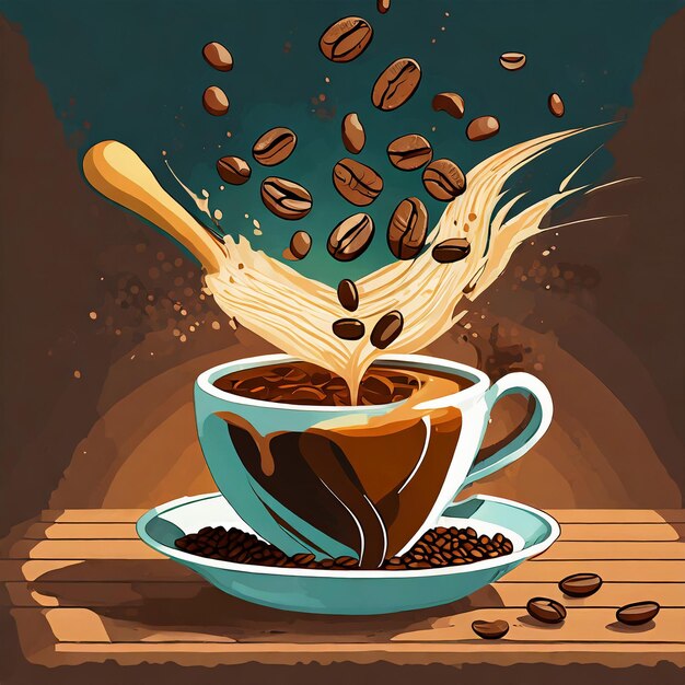 Coffee brewing illustration cup of coffee with falling coffee beans