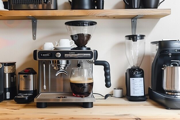 Coffee Brewing Station on Office Shelves with Coffee Grinder and Brewing Accessories