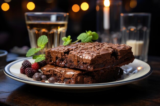 Foto coffee brownie su un piatto di porcellana con vista su una città di notte ia generativa