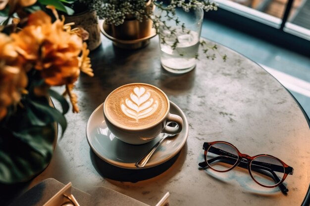 コーヒーカフェ市の中心夏の朝の景色プロの広告食べ物の写真