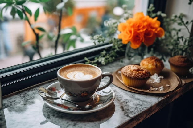 コーヒーカフェ市の中心夏の朝の景色プロの広告食べ物の写真