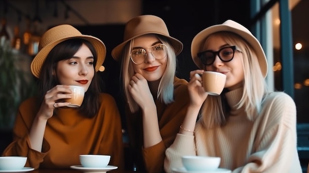 At a coffee cafe three young women relax with a cup of coffee Generative AI